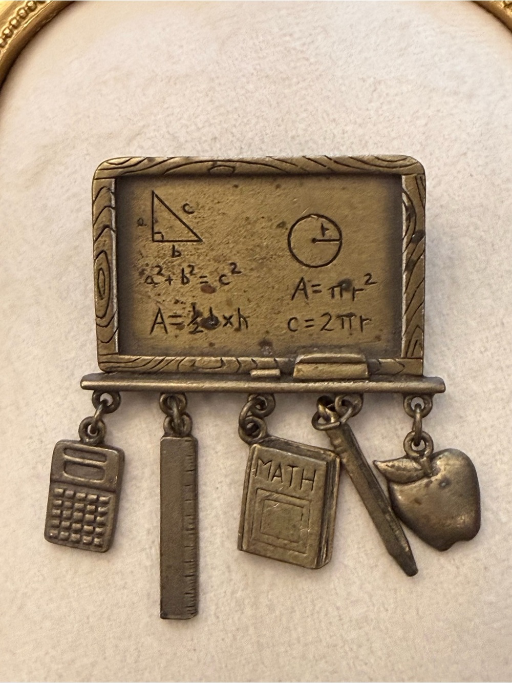 JJ Jonette Jewelry Bronze MATH TEACHER 1 3/4" Brooch Charms Ruler Calculator